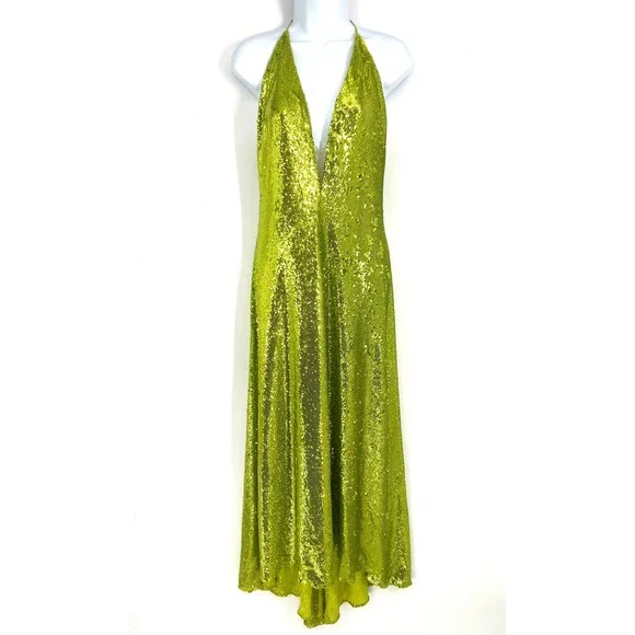 Halston Neon Kiara Green Sequin Deep V-Neck Slip Gown Floor Length Dress Size 10 - Picture 3 of 16